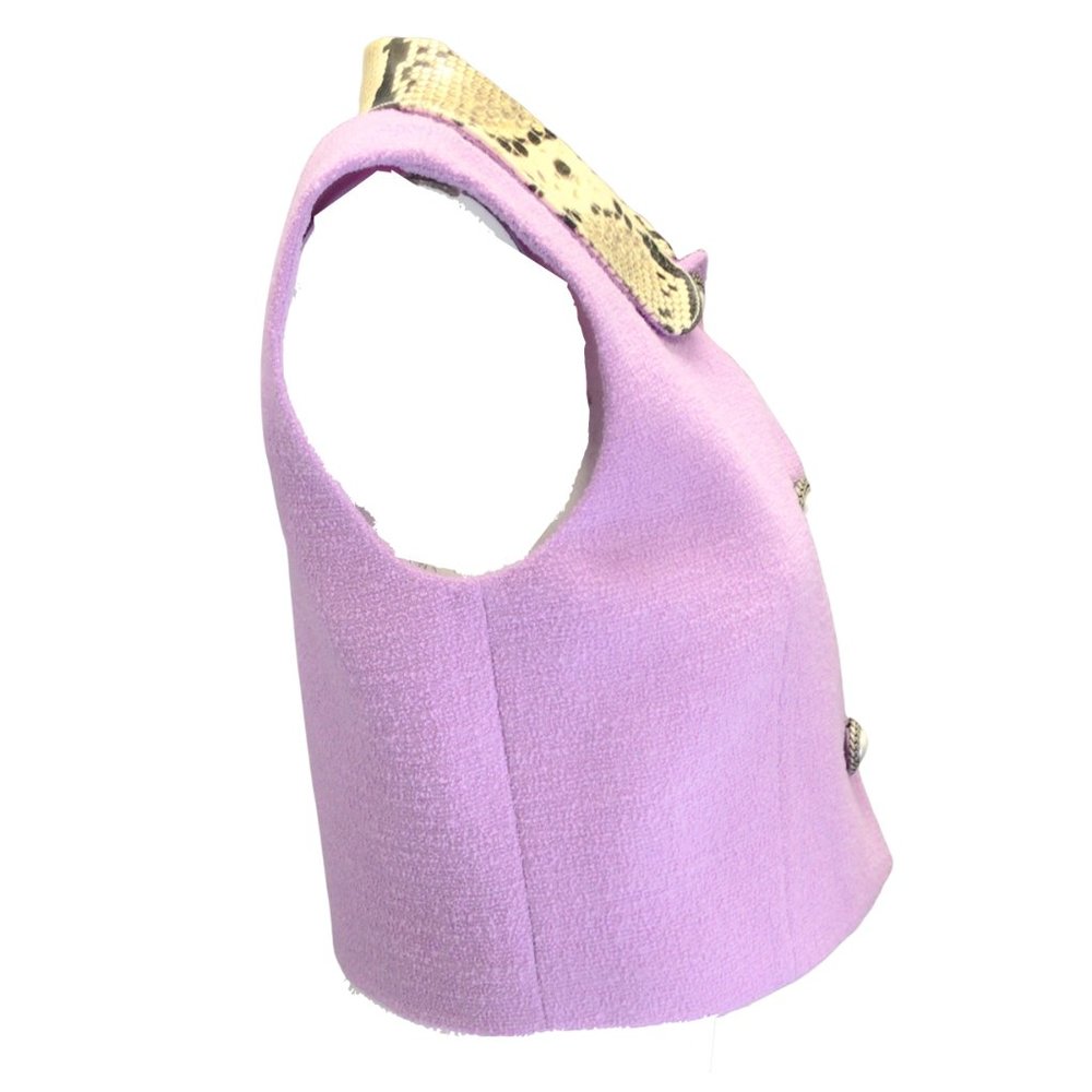 ALESSANDRA RICH LILAC PYTHON PRINT LEATHER COLLAR TWEED BOUCLE KNIT GILET VEST - Picture 2 of 5